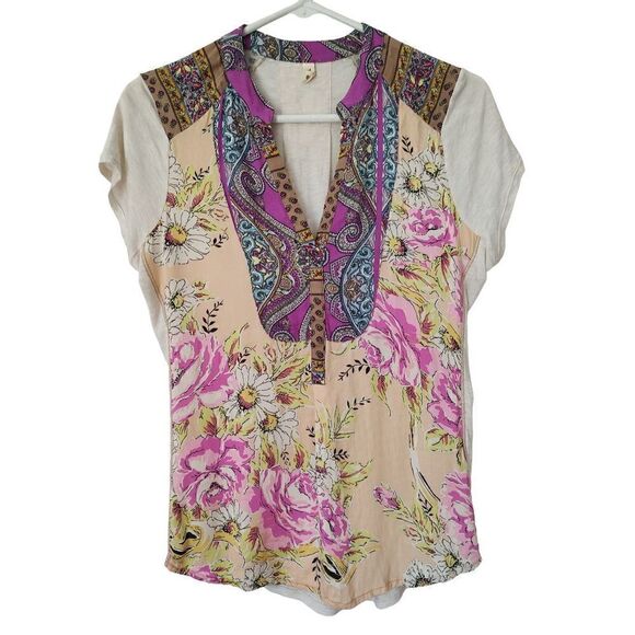 Tiny Anthropologie Womens Size Small Cream Floral Short Sleeve V Neck Blouse Top - Picture 1 of 7